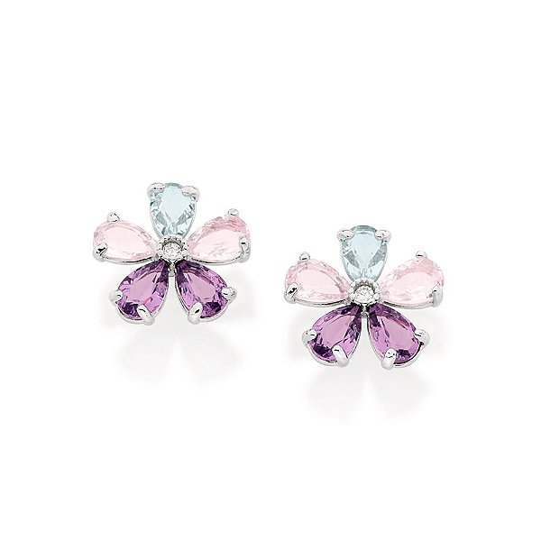 Brinco Rommanel Formato Flor, Cravejado Por 10 Cristais Gota De 6X4 Mm E 2 Zircônias De 1,75 Mm Ao Centro (Par) Med 1,9