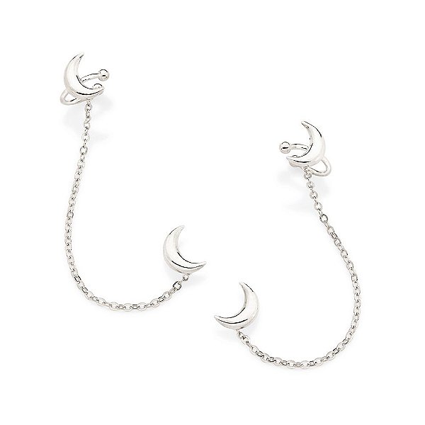 Brinco Rommanel Ear Cuff Com Piercing De Pressão Formato Luas Interligadas Por Corrente De Elo Cadeado Laminado Fio 0,35