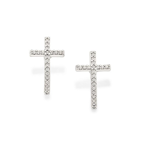Brinco Rommanel Formato Cruz Cravejado Por 40 Zircônias De 0,80 Mm (Par) Med 1,2 Cm X 0,70 Cm (Joia Licenciada Cápsula S