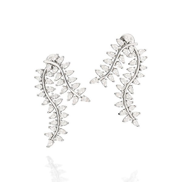 Brinco Ear Jacket Formato De Folhas Cravejado Por 72 Zircônias Gota De 3X5 Mm (Par) Med 5,7 Cm X 3,0 Cm (Joia Licen  Col