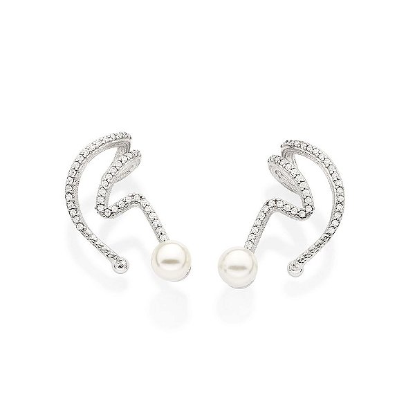 Brinco Rommanel Ear Cuff Formato Abstrato, Cravejado Por 80 Zircônias De 1,0 Mm E 2 Pérolas Sintéticas De 6,0 Mm (Par) M