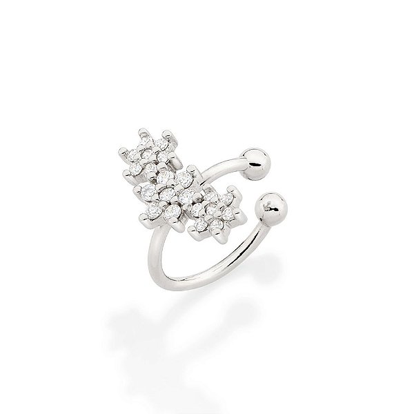 Brinco Rommanel Piercing De Pressão Formado Por 3 Flores Cravejadas Por 14 Zircônias De 1,0 Mm E 7 Zircônias De 1,25 Mm,