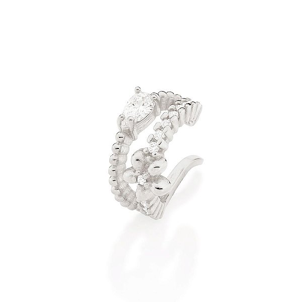 Brinco Rommanel Piercing De Pressão Aro Duplo Cravejado Por 13 Zircônias De 1,25 Mm, Com Flor De Um Lado E 1 Zircônia Go