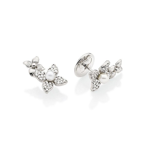 Brinco Rommanel Composto Por 2 Flores Cravejadas Por 64 Zircônias De 1,0 Mm Com 2 Pérolas Sintéticas De 4,0 Mm E 2 Flore