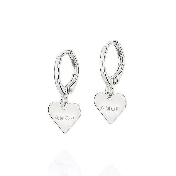 Brinco Rommanel Argola Composto Por Coração Pendurado Com Escrita Amor,Med 2,0 Cm X 1,0 Cm X 1,1 Cm De Diâmetro