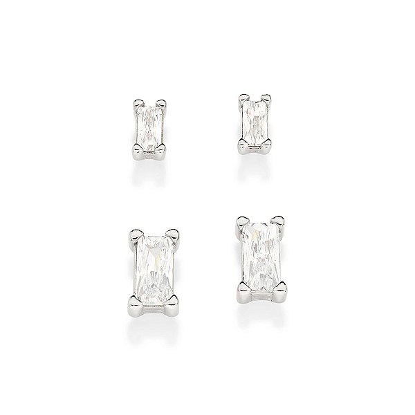 Kit Brinco Rommanel Solitários Retangulares Composto Por Um Par Cravejado Por 2 Zircônias Baguetes De 2X4Mm E 1 Par Crav
