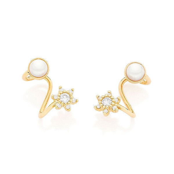 Brinco Rommanel "Ear Cuff" Formado Por Fio Ondulado Tendo Em Uma Das Pontas 1 Flor Com Zircônias De 1,25Mm Nas Petalas E