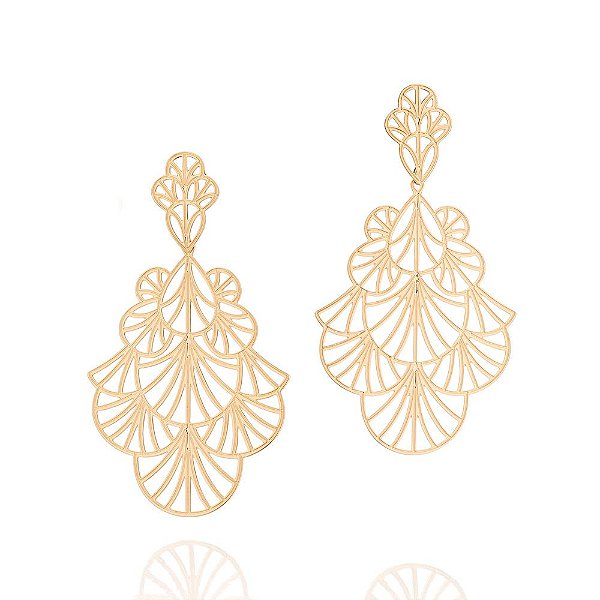 Brinco Rommanel No Formato De "Leque" Estilizado Com Detalhes Vazados Med 6,5 Cm X 3,6 Cm(Joia Licenciada Coleção Giovan