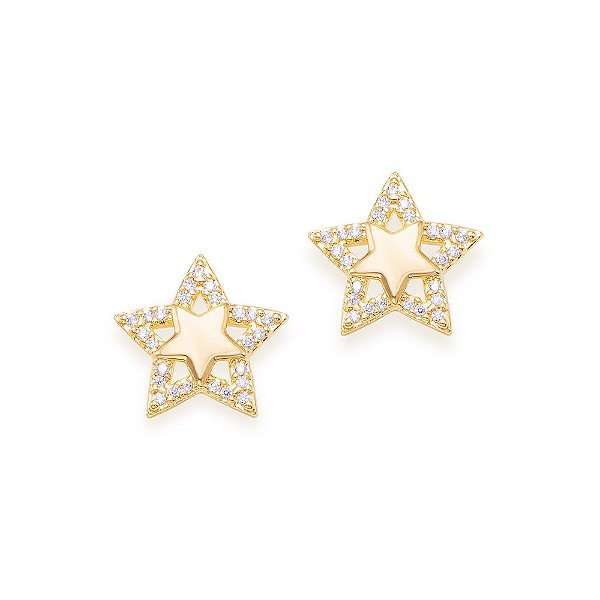 Brinco Rommanel No Formato De Estrela, Cravejado Por 50 Zircônias De 0,80 Mm (Par)Med 1,20 Cm X 1,20Cm(Joia Licenciada C
