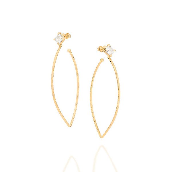 Brinco Rommanel No Formato Gota Composto Por 2 Zircônias Carrês De 6X6 Mm (Par)Med 6,9 Cm X 3,7 Cm (Joia Licenciada Cáps