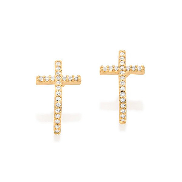 Brinco Rommanel Formato Cruz Cravejado Por 40 Zircônias De 0,80 Mm (Par)Med 1,2 Cm X 0,70 Cm (Joia Licenciada Cápsula Ss