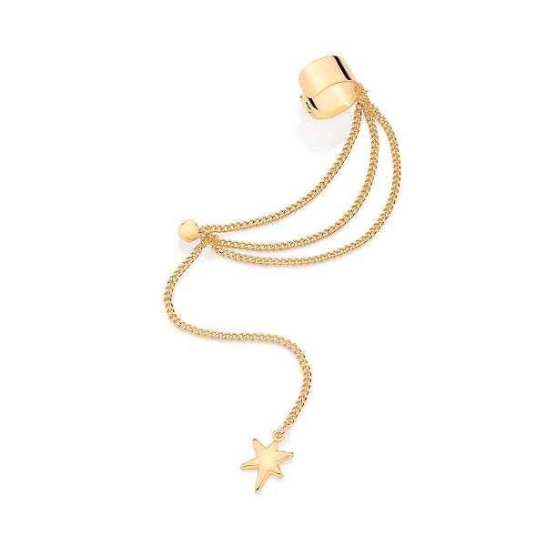 Brinco Rommanel Ear Cuff Com Piercing De Pressão, Formado Por Corrente Grumet Lixada Fio 0,40 Mm Com Estrela Na PontaMed