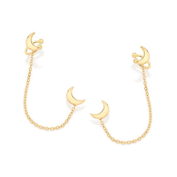 Brinco Rommanel Ear Cuff Com Piercing De Pressão Formato Luas Interligadas Por Corrente De Elos Cadeados Laminados Fio 0
