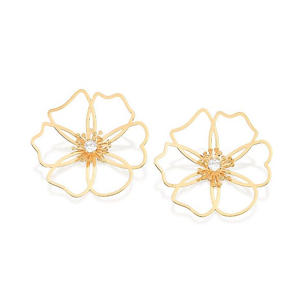Maxi Brinco Rommanel Formato Flor Composto Por 2 Zircônias De 5,0 Mm Ao Centro (Par) Med 4,3 Cm X 4,3 Cm