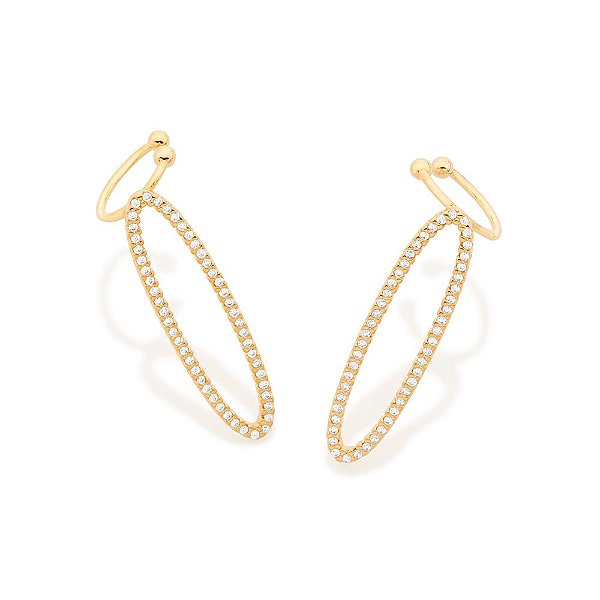 Brinco Rommanel Ear Cuff Oval Com Piercing De Pressão, Cravejado Por 100 Zircônias De 1,0 Mm Me 3,1 Cm X 0,80 Cm