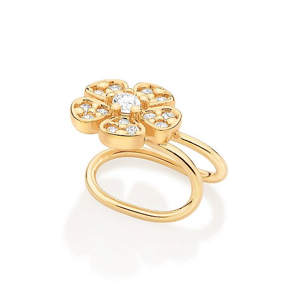 Brinco Piercing De Pressão Formato Flor, Cravejado Por 15 Zircônias De 1,0 Mm E 1 Zircônia De 2,0 Mm Ao Centro Med 1,0 C