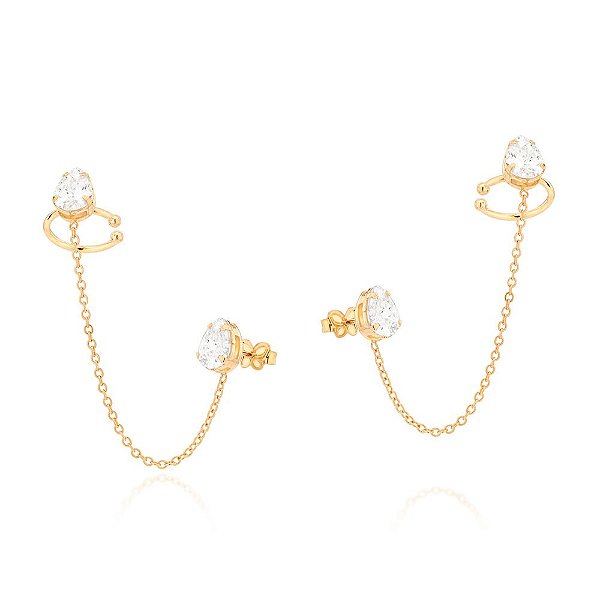 Brinco Ear Cuff Com Piercing De Pressão Composto Por 4 Zircônias Gota De 6X8 Mm Interligadas Por Corrente De Elo Cadeado