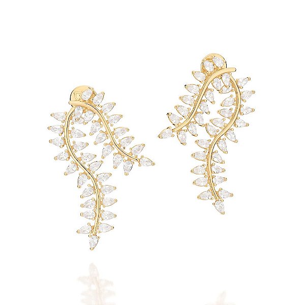 Brinco Ear Jacket Formato De Folhas Cravejado Por 72 Zircônias Gota De 3X5 Mm (Par) Med 5,7 Cm X 3,0 Cm (Joia Licen  Col
