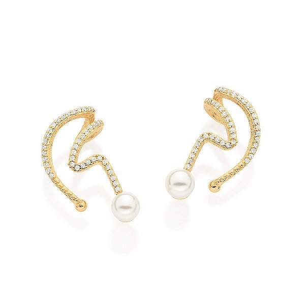 Brinco Rommanel Ear Cuff Formato Abstrato, Cravejado Por 80 Zircônias De 1,0 Mm E 2 Pérolas Sintéticas De 6,0 Mm (Par) M
