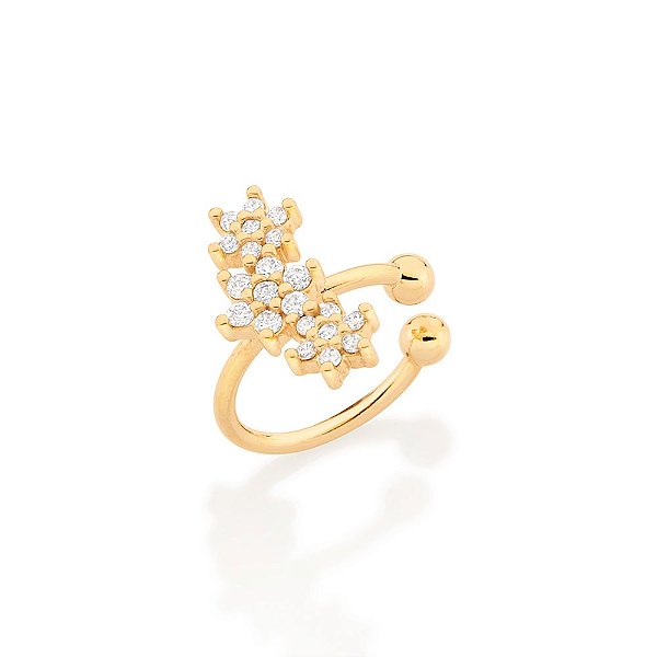 Brinco Rommanel Piercing De Pressão Formado Por 3 Flores Cravejadas Por 14 Zircônias De 1,0 Mm E 7 Zircônias De 1,25 Mm,
