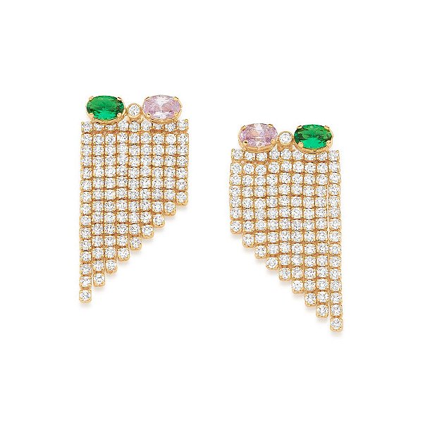Brinco Ear Jacket Franja Formado Por 4 Zircônias Ovais E 2 Zircônias De 2,0 Mm Ao Centro, Composto Por Franja Riviera Co