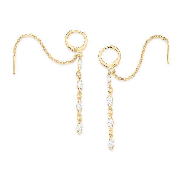Brinco Rommanel Argola Composta Por Fio Com 8 Zircônias De 6X3 Mm (Par) E Corrente De Elo Cadeado Laminado Fio 0,35 Mm,