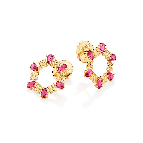 Brinco Rommanel Redondo Vazado Composto Por 12 Flores Intercaladas Por 12 Zircônias Gotas De 3X5 Mm (Par),Med 2,0 Cm X 2