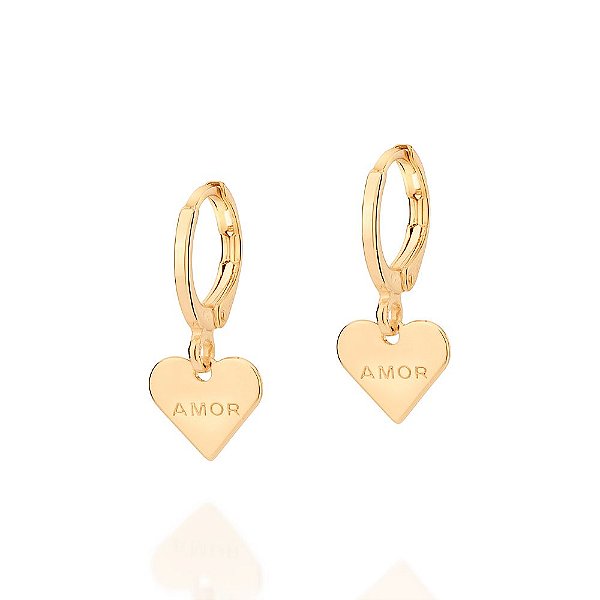 Brinco Rommanel Argola Composto Por Coração Pendurado Com Escrita Amor,Med 2,0 Cm X 1,0 Cm X 1,1 Cm De Diâmetro