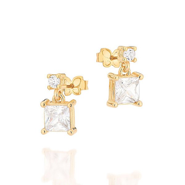 Brinco Cravejado Por 2 Zircônias Redondas De 3,0 Mm E 2 Zircônias Carrês De 6X6 Mm Penduradas (Par),Med 1,4 Cm 0,80 Cm