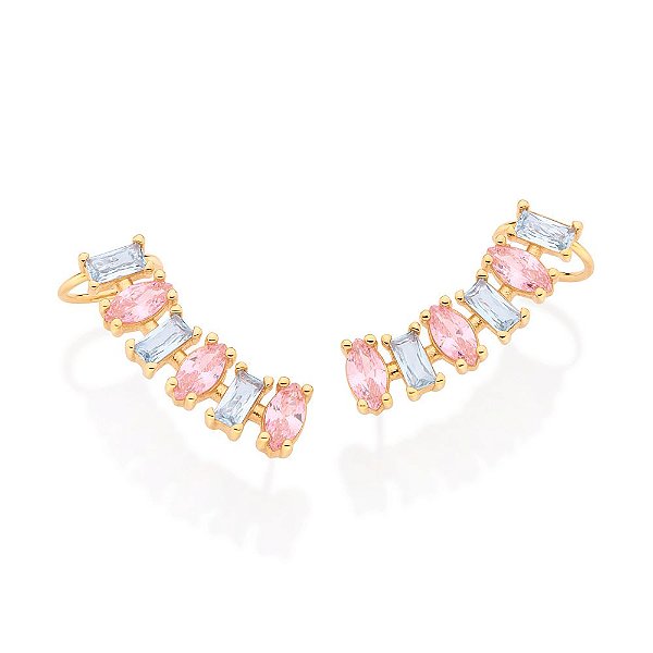 Brinco Ear Cuff Com Piercing De Pressão Cravejado Por 6 Zircônias Navetes De 4X8 Mm E 6 Zircônias Baguetes De 3X7 Mm (Pa