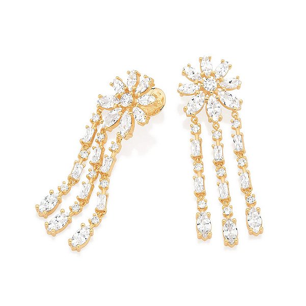 Maxi Brinco Candelabro Flor Cravejado Por 2 Zircônias De 5Mm,10 Zircônias Navetes De 4X8Mm,12 Zircônias De 5X10Mm,18 Zir