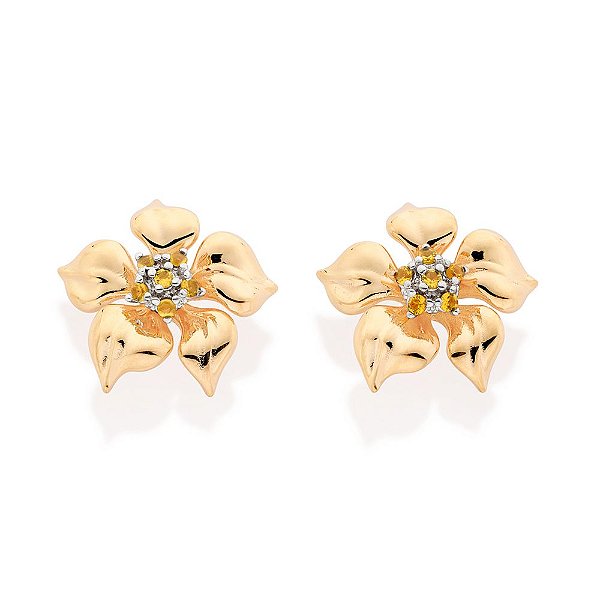 Brinco Formato Lírio Amarelo Cravejado Por 12 Zircônias De 1,75 Mm Com Aplicação De Rhodium, (Par)Med, 1,9 Cm (Joia Lice