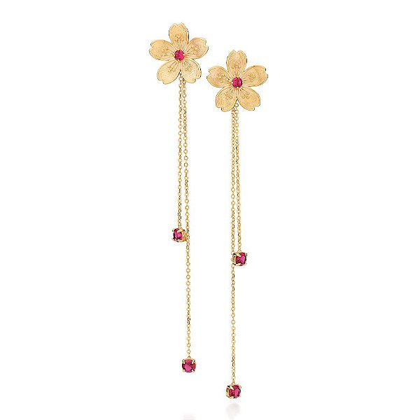 Brinco 2 Em 1 Formato Flor De Cerejeira Com 2 Zircônias De 4,00 Mm Ao Centro, Composto Por Corrente Elo Cadeado Laminado