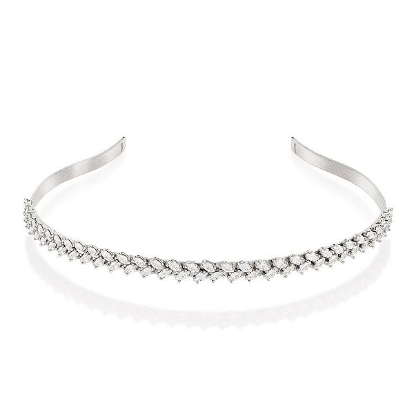 Tiara Rommanel Cravejada Por 64 Zircônias De 3X6 Mm, Com 2 Borboletas Vazadas Nas Pontas Med 13 Cm De Diâmetro