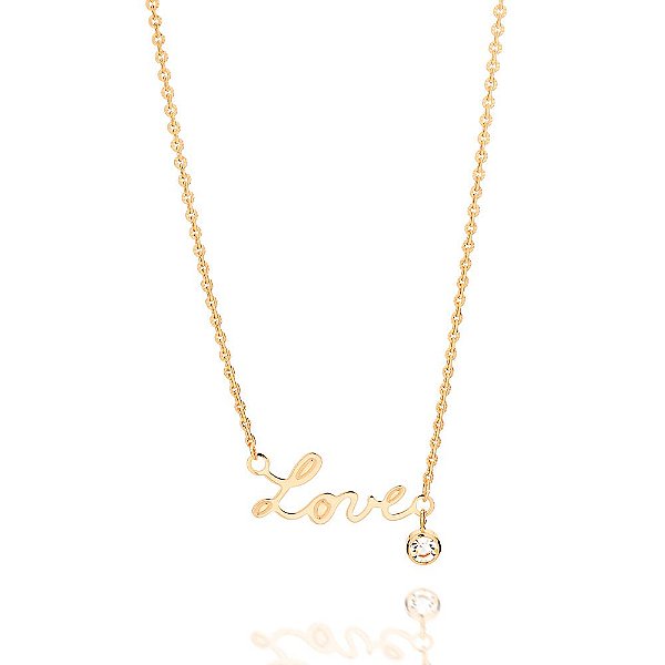 Gargantilha Rommanel Formada Por Fio Elo Cadeado Batido E Frizado Tendo Pendant "Love" Com Cristal De 4Mm Pendurado Med