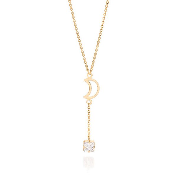 Gargantilha Rommanel Formada Por Fio Elos 0,35, Composta Por Pendant Meia Lua E Zircônia Carrê Facetada De 6X6Mm Pendura