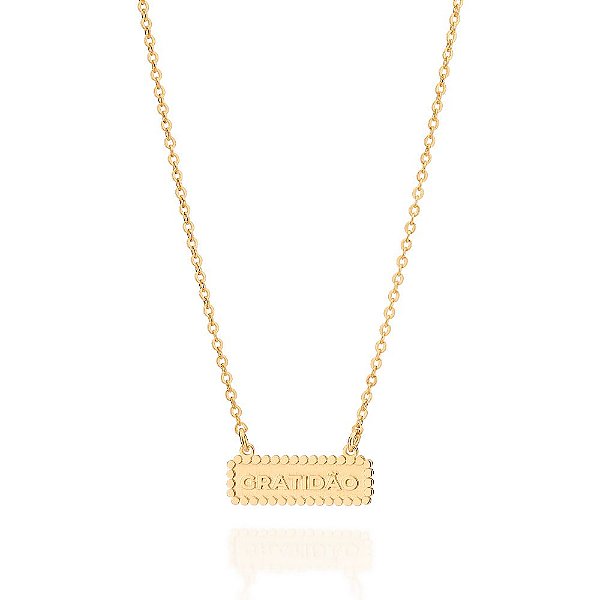 Gargantilha Formada Por Corrente De Elo Cadeado Laminado Fio 0,35 Mm, Composta Por Pingente Retangular Escrito Gratidão,