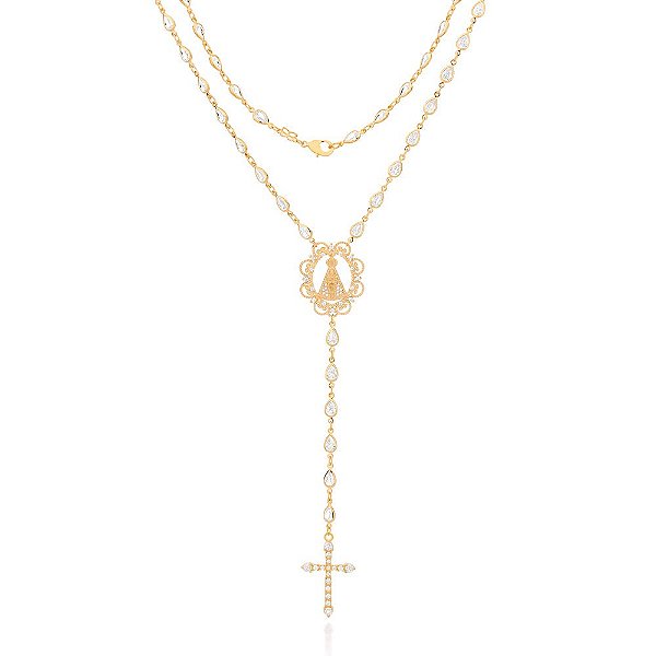 Terço Formado Por 50 Zircônias De 4X6 Mm, Com Nossa Senhora Aparecida Cravejada Por 12  Zircônias De 1Mm,16 Zircônias De