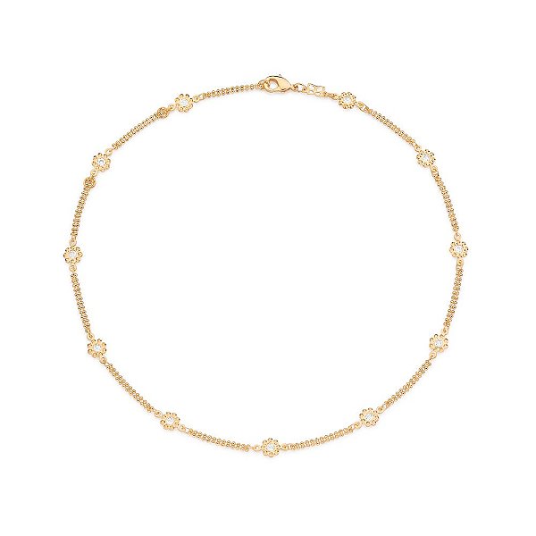 Gargantilha Choker Formada Por Corrente Elo Duplo Com Esferas Intercaladas Por 11 Flores Cravejadas Por Zircônias De 2,7