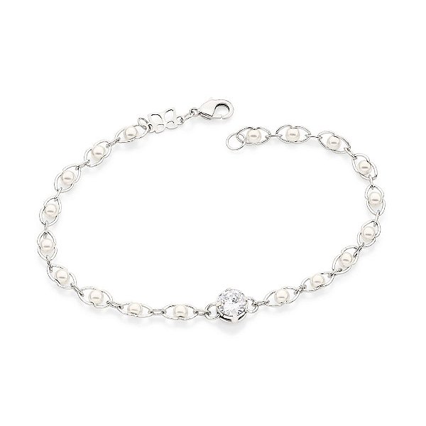 Pulseira Rommanel Formada Por Corrente Oval Composta Por 18 Pérolas Sintéticas De 3,0 Mm Dentro, Com 1 Zircônia De 6,0 M