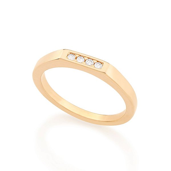 Anel Rommanel Infantil "Skinny Ring" Formado Por Parte Superior Retangular, Cravejada Por 4 Zircônias De 1,25 Mm