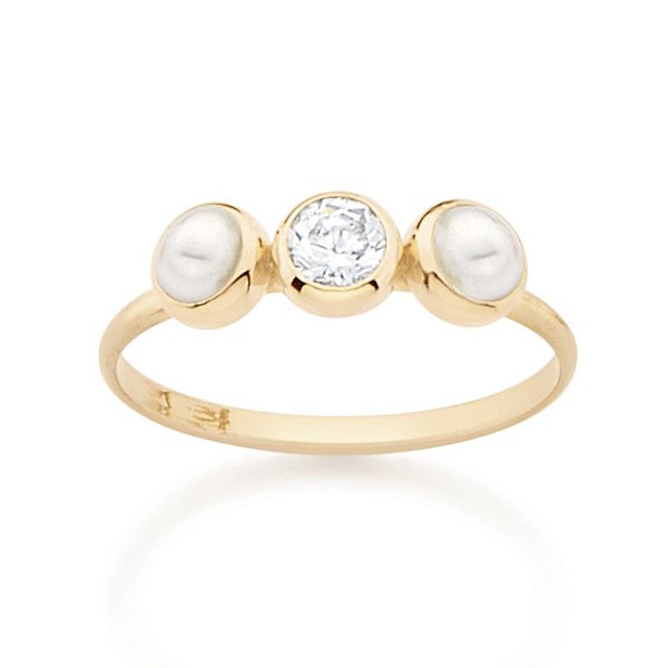 Anel Rommanel Infantil  Skinny Ring , Composto Por 2 Pérolas De 4,0 Mm E 1 Zircônia De 3,50 Mm Ao Centro