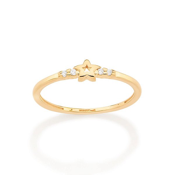Anel Rommanel Skinny Ring Infantil, Cravejado Por 4 Zircônias De 1,0 Mm Nas Laterais Com Estrela Vazada Ao Centro