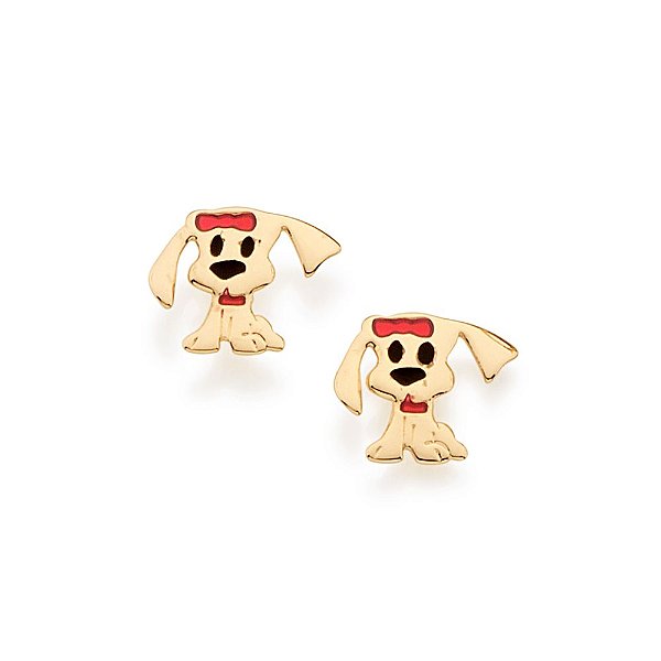 Brinco Rommanel Infantil No Formato De Cachorro Com Aplicação De Resina Vermelha E Preta Med 1,0 Cm