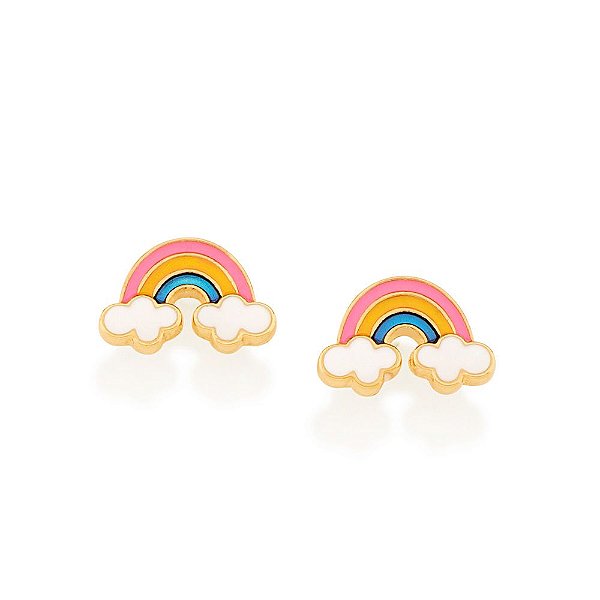 Brinco Rommanel Infantil No Formato Arco-Íris E Quatro Nuvens Nas Pontas (Par), Com Aplicação De ResinaMed 1,0 Cm X 1,30