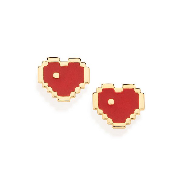 Brinco Rommanel Formato Coração Pixel, Com Aplicação De Resina,Med 1,1 Cm X 1,2 Cm
