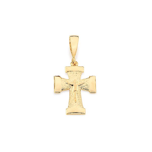 Pingente Rommanel Formato Cruz Com Pontas Lisas, Trabalho Em Relevo E Estampa De Cristo. Med. 2,3 X 1,6 Cm