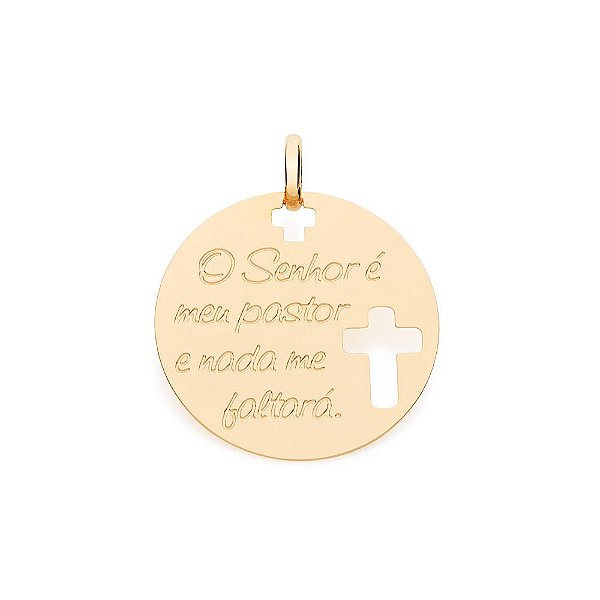 Pingente Rommanel Redondo Liso Com Detalhe De Cruz Vazada E Salmo 23  "O Senhor É Meu Pastor E Nada Me Faltará" Med. 3,0