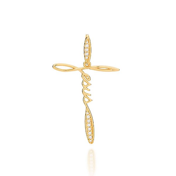Pingente Rommanel Escrito Jesus, Cravejado Por 4 Zircônias De 1,0 Mm E 9 Zircônias De 1,50 Mm Med 4,5 Cm X 2,8 Cm
