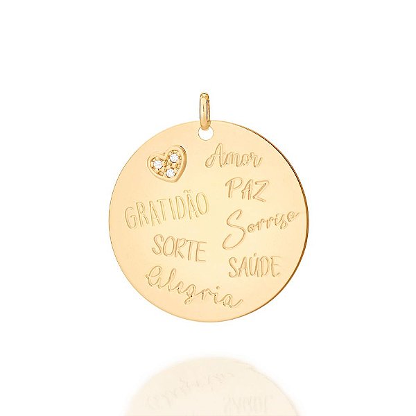 Medalha Rommanel Escrito Amor, Paz, Gratidão, Sorriso, Sorte, Saúde E Alegria, Com Coração Cravejado Por 3 Zircônias De